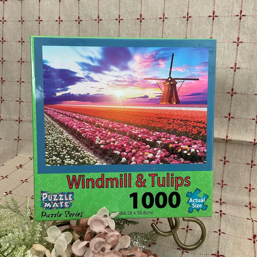 Set Of 2 Jigsaw Puzzles 1000 Pieces Each Windmill & Tulips Hot Air Balloons New - Picture 3 of 4